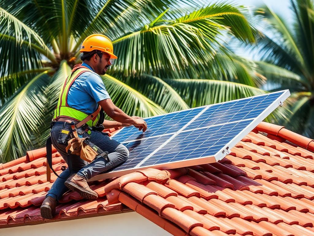 Technician installing a solar panel on a Kerala clay-tile roof